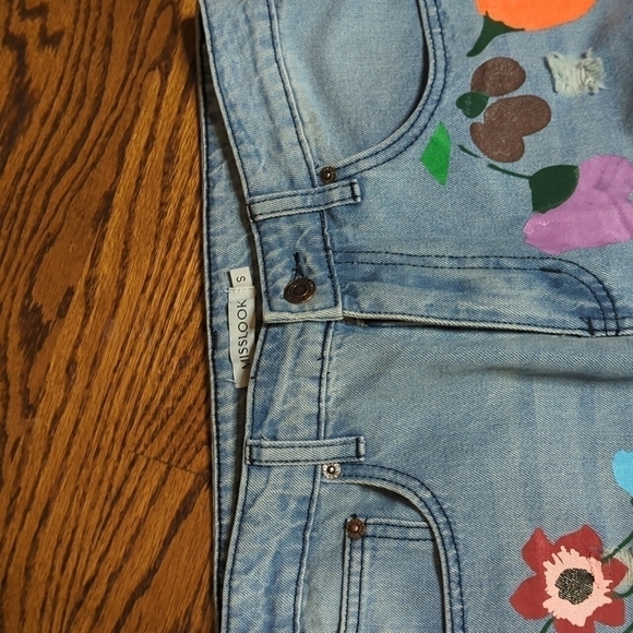 Flower Power retro baggy  straight leg hi rise painted denim jeans W29 L29 - Picture 4 of 11